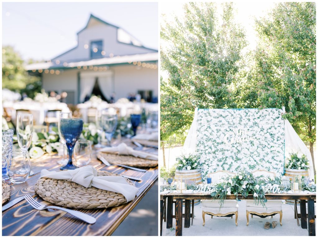 outdoor wedding reception decor with blue and white decor and eucalyptus accents 