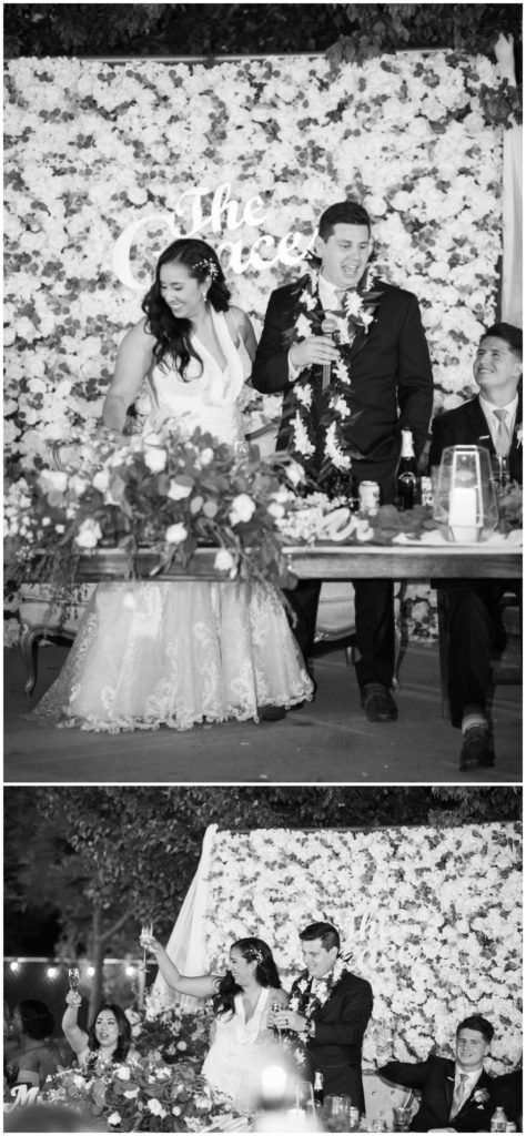 black and white image bride and groom wedding reception speech and toast
