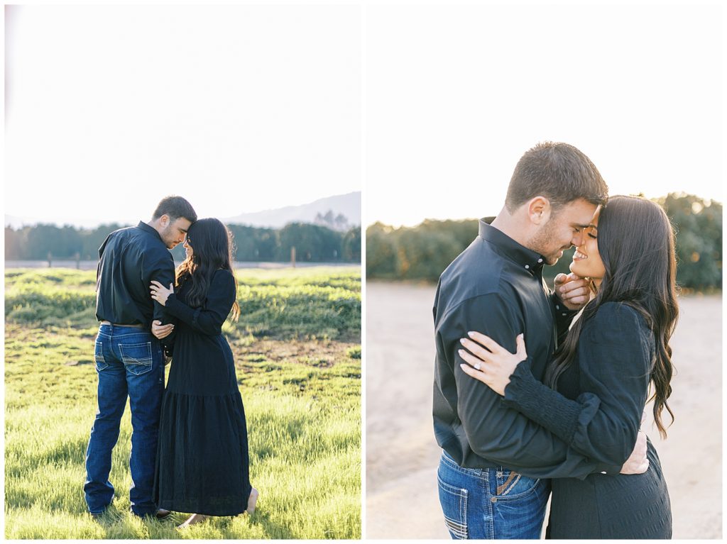 man and woman wearing black embracing engagement photos