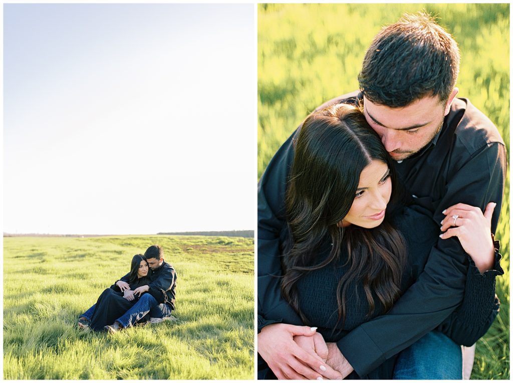 man and woman cuddling in green grasses at sunset dutton ranch inspired engagement session