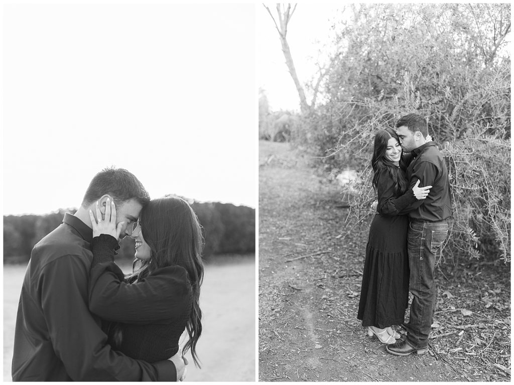 black and white images of engaged couple embracing and kissing by fresno wedding photographer megan helm photography