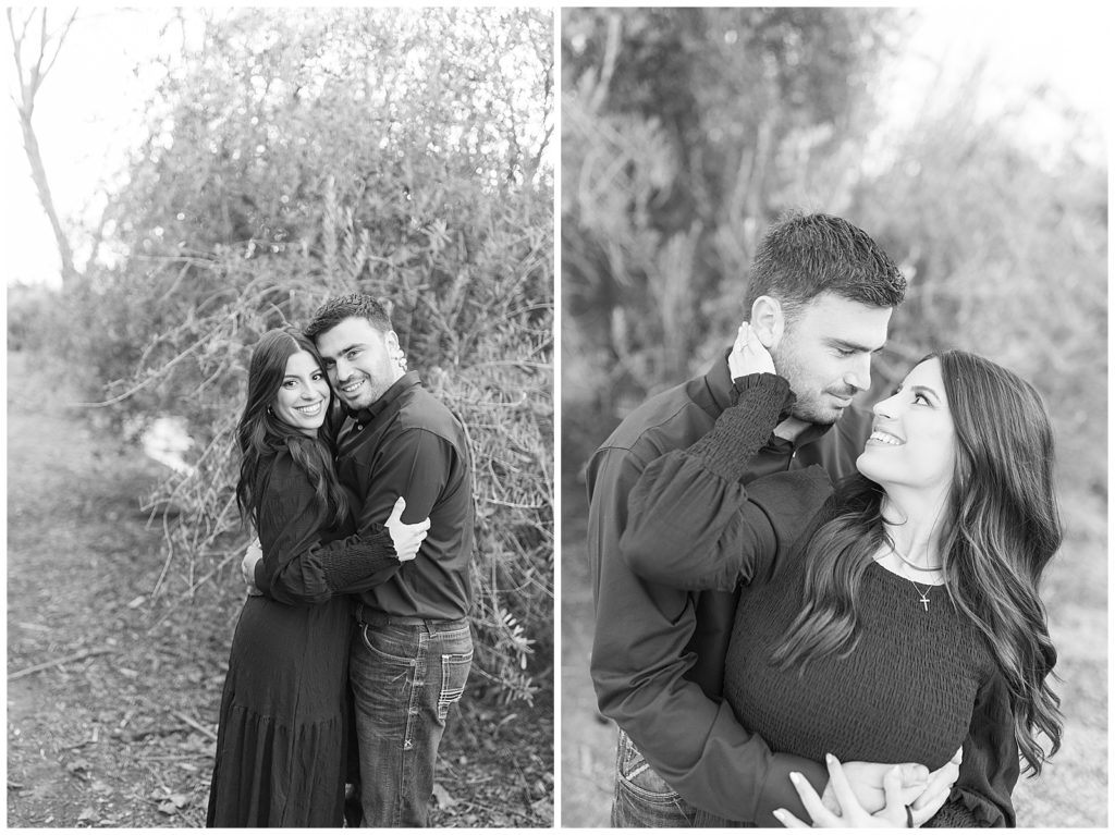 black and white images of man and woman hugging engagement photos