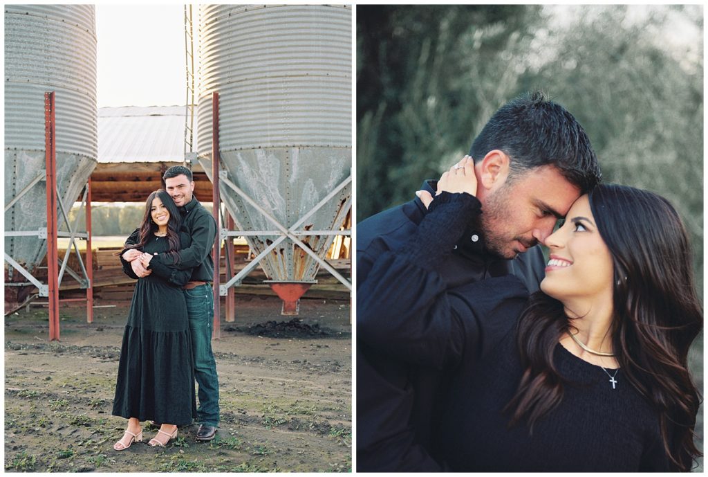 man and woman wearing black and denim embracing in front of metal silos dutton ranch inspired engagement photos