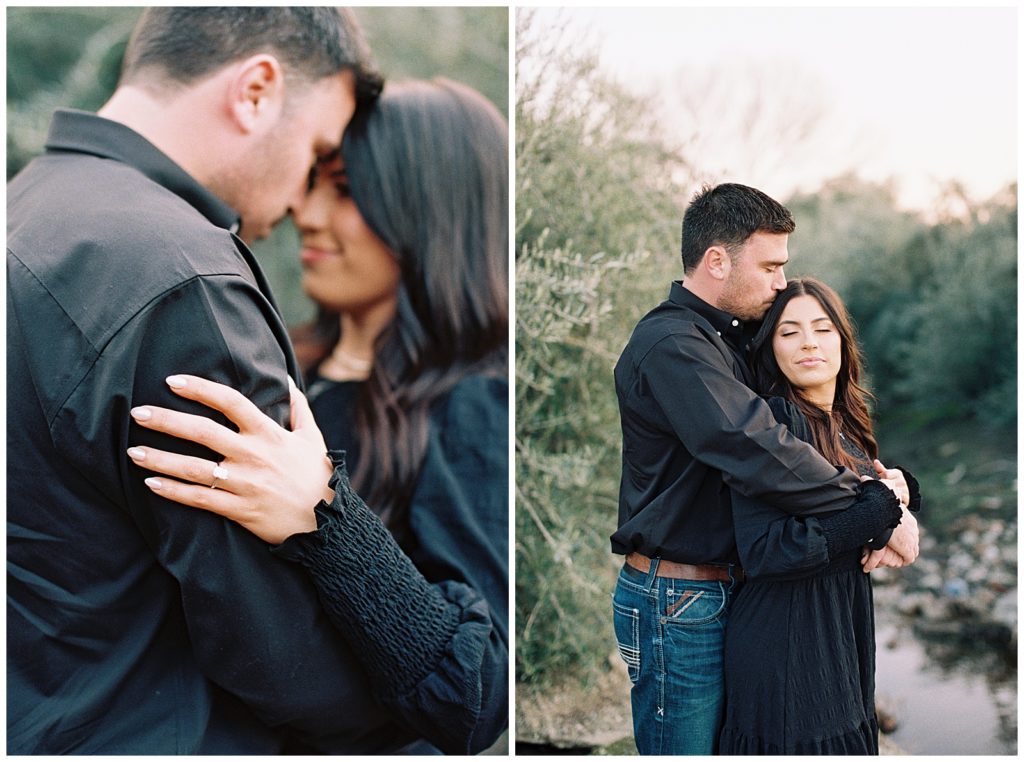 engaged couple embracing man kissing forehead dutton ranch inspired engagement photos