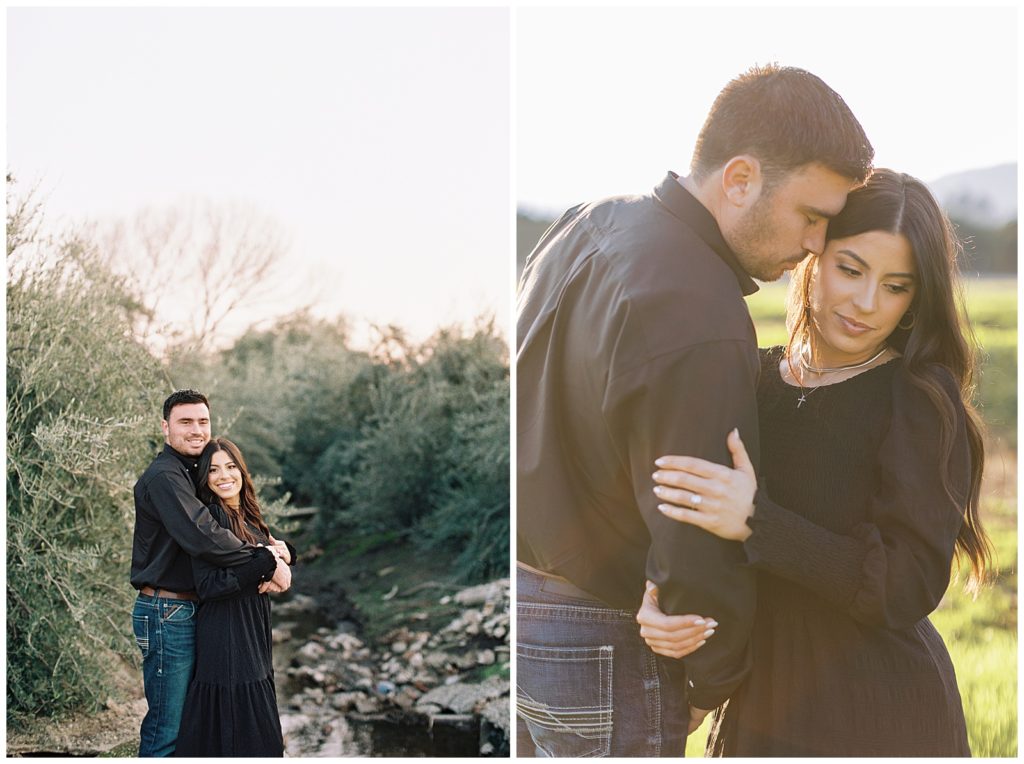 dutton ranch inspired engagement photos in grassy field and olive orchard at sunset