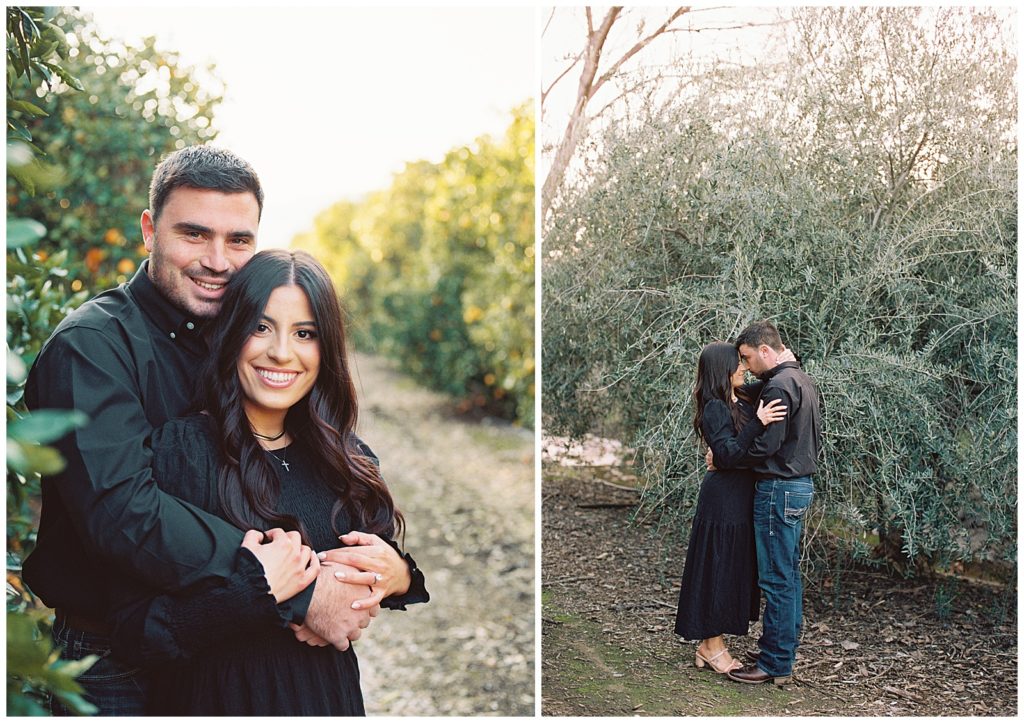engaged couple wearing black embracing in orchards at sunset