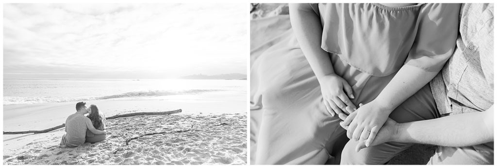 black and white images couple holding hands sitting kissing on beach