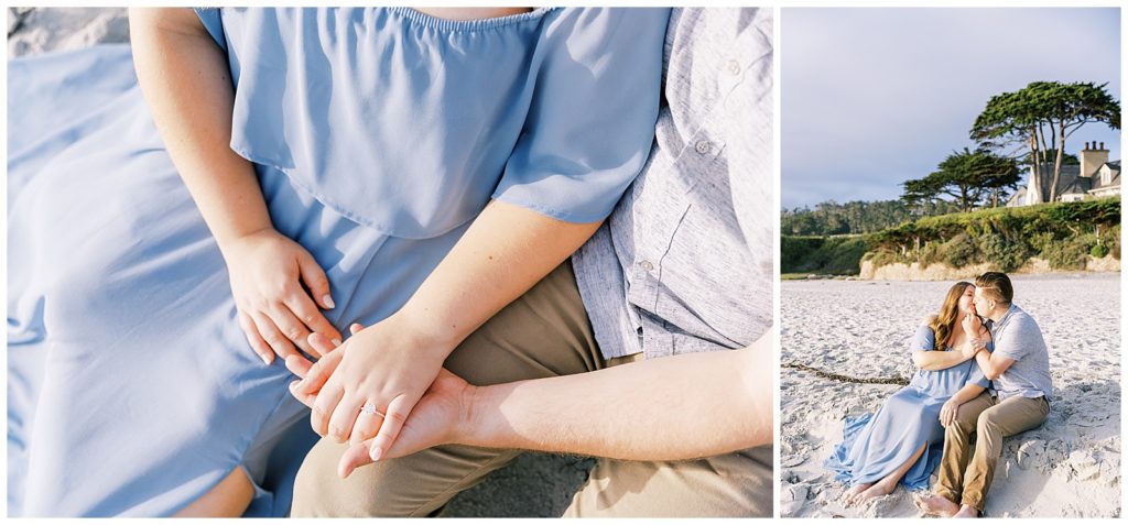 couple sitting on beach kissing holding hands