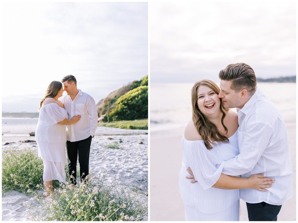 engaged couple laughing on carmel beach engagement photos by fresno photographer megan helm photography