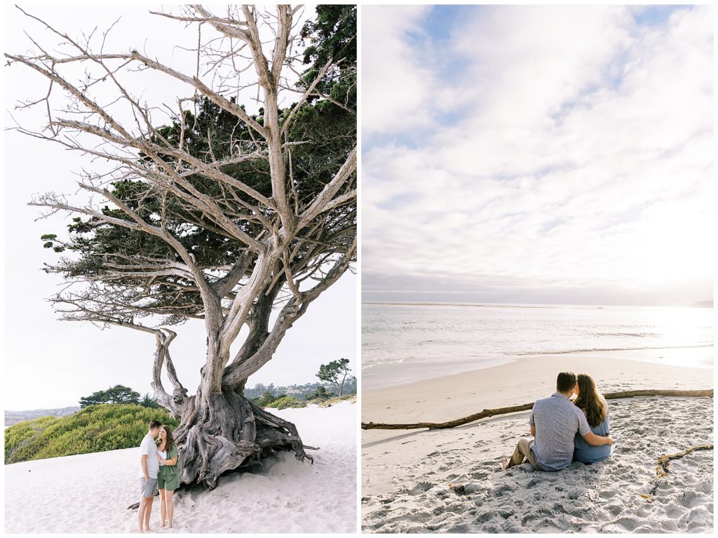 man and woman embracing on beach in carmel at sunset engagement photos