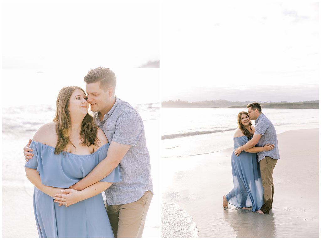woman in blue chiffon dress hugging fiance on carmel beach